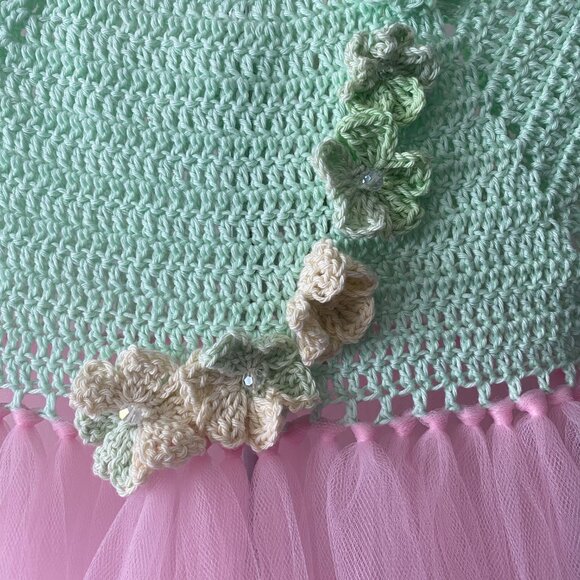 Handmade Children's Cotton Crochet Light Mint Green Pink Tulle Tutu Dress - Picture 7 of 14